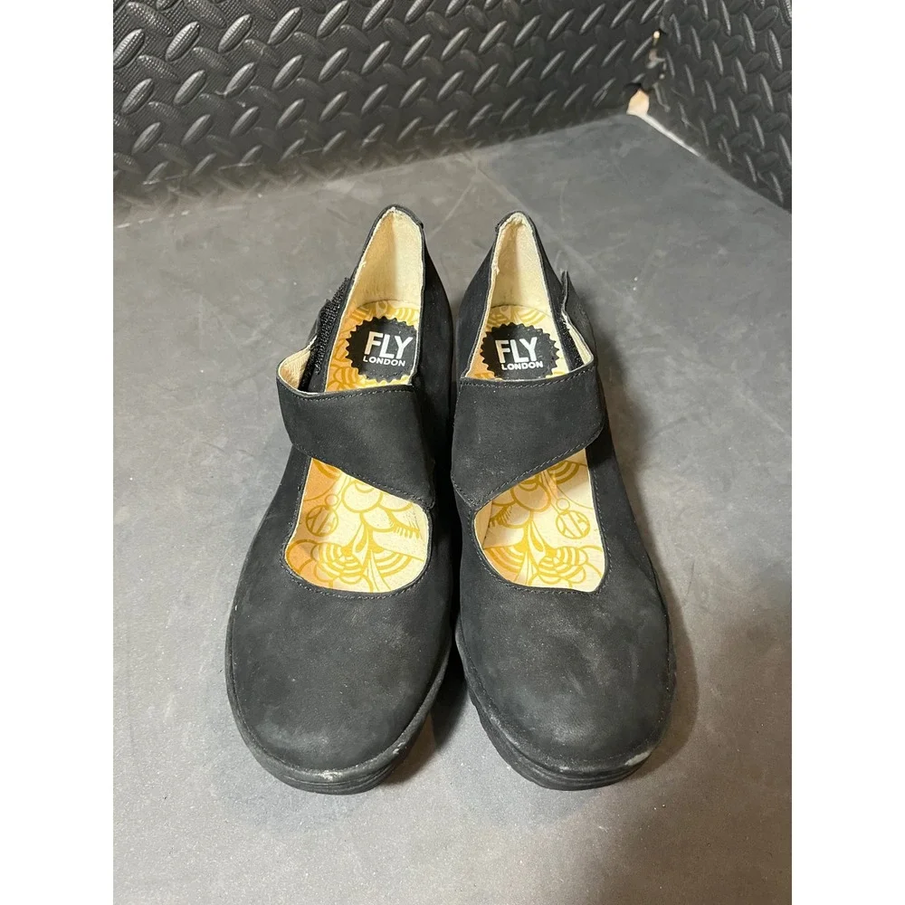Fly London Yasi Wedge Pumps Womens 38 Black Suede‎ Mary Jane Platform Shoes